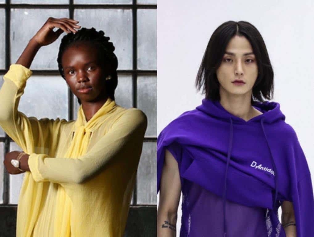 Models wearing on-trend 2020 shades of yellow and blue