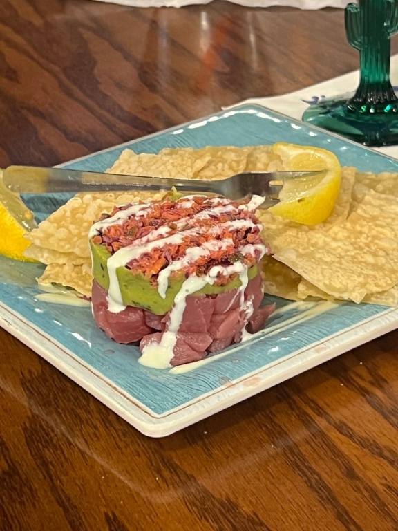 The Tuna Taratar at Anna Maria Oyster Bar comes in a neat little stack. It's served with wonton crackers.