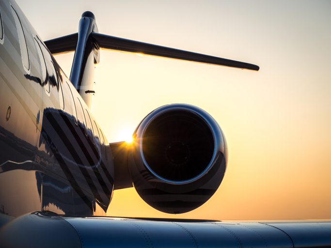 Global 6000 jet engine close up at sunset, non-stop flights RSW