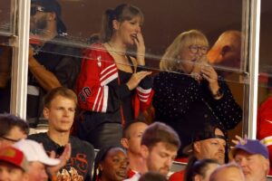 Taylor Swift and Donna Kelce look on before the game between the Kansas City Chiefs and the Denver Broncos at GEHA Field at Arrowhead Stadium on October 12, 2023 in Kansas City, Missouri.