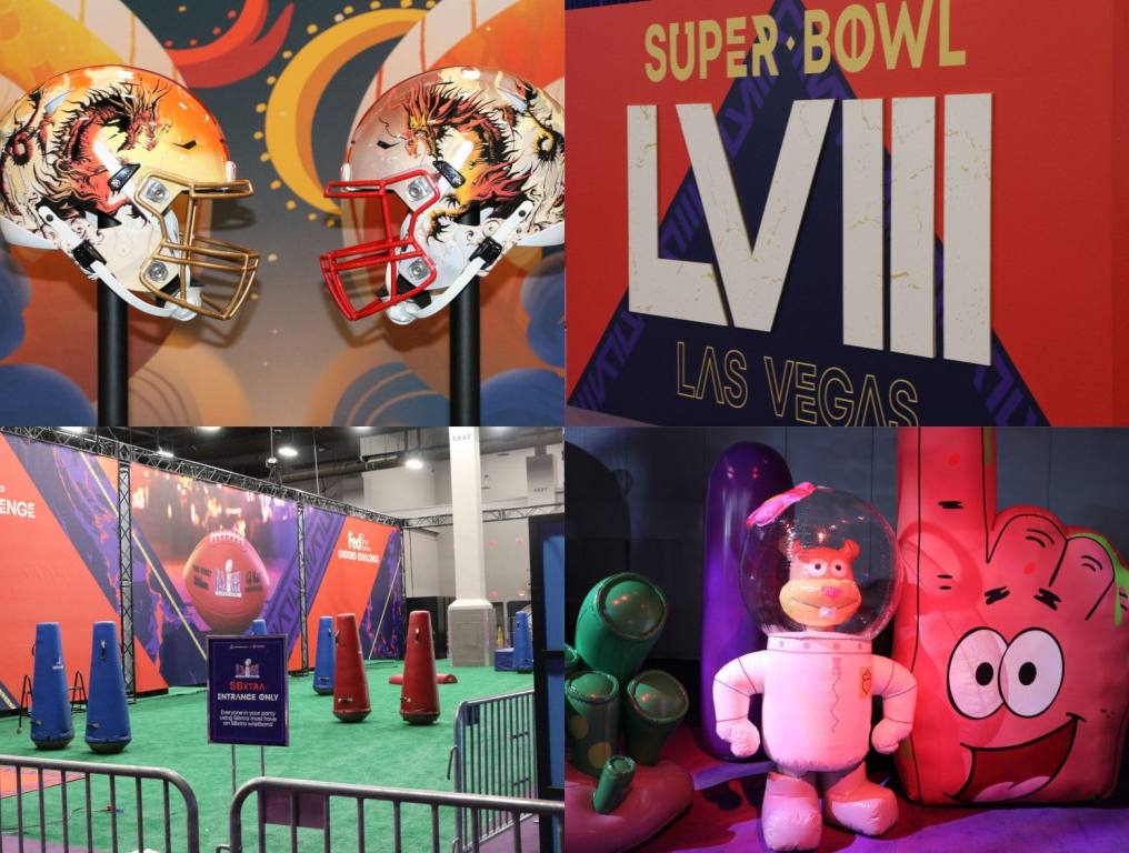 A collage of four photos showcasing what is happening at Super Bowl Experience at Mandalay Bay Convention Center.