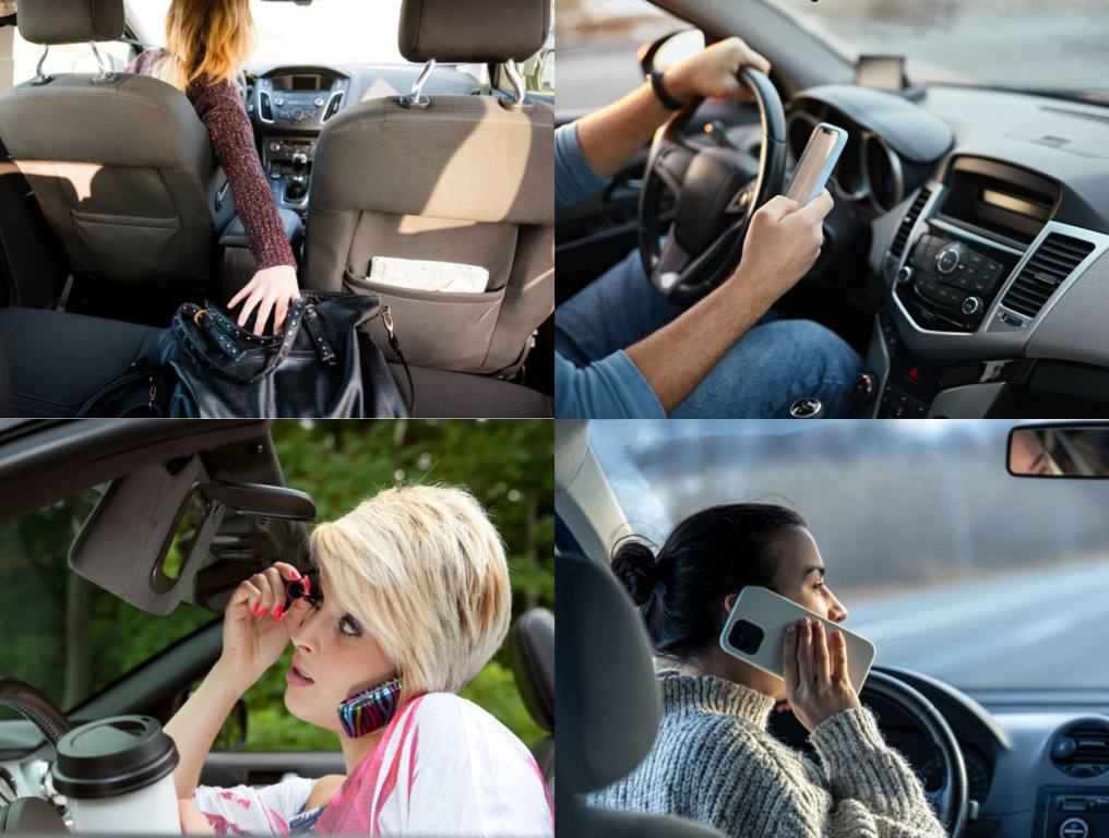 Distracted driving concept, woman reaching for purse in back seat, person texting while driving, woman putting on make up while driving, woman on talking on phone while driving