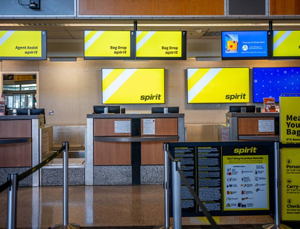 A Spirit Airlines check-in counter is seen at the Austin-Bergstrom International Airport