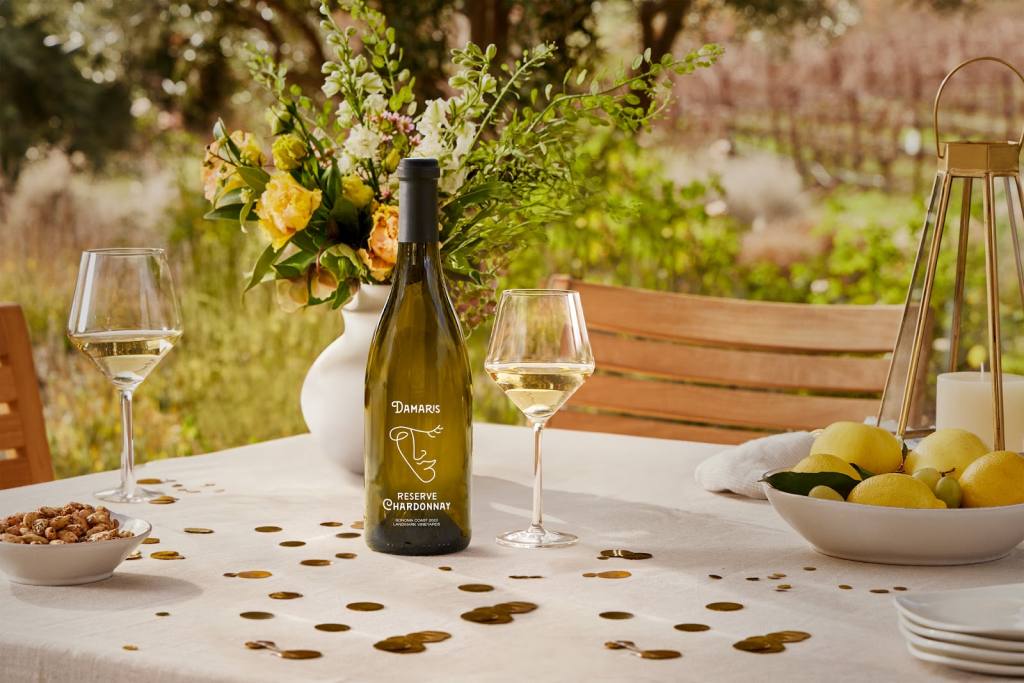 Bottle of Damaris Reserve Chardonnay on a table outside