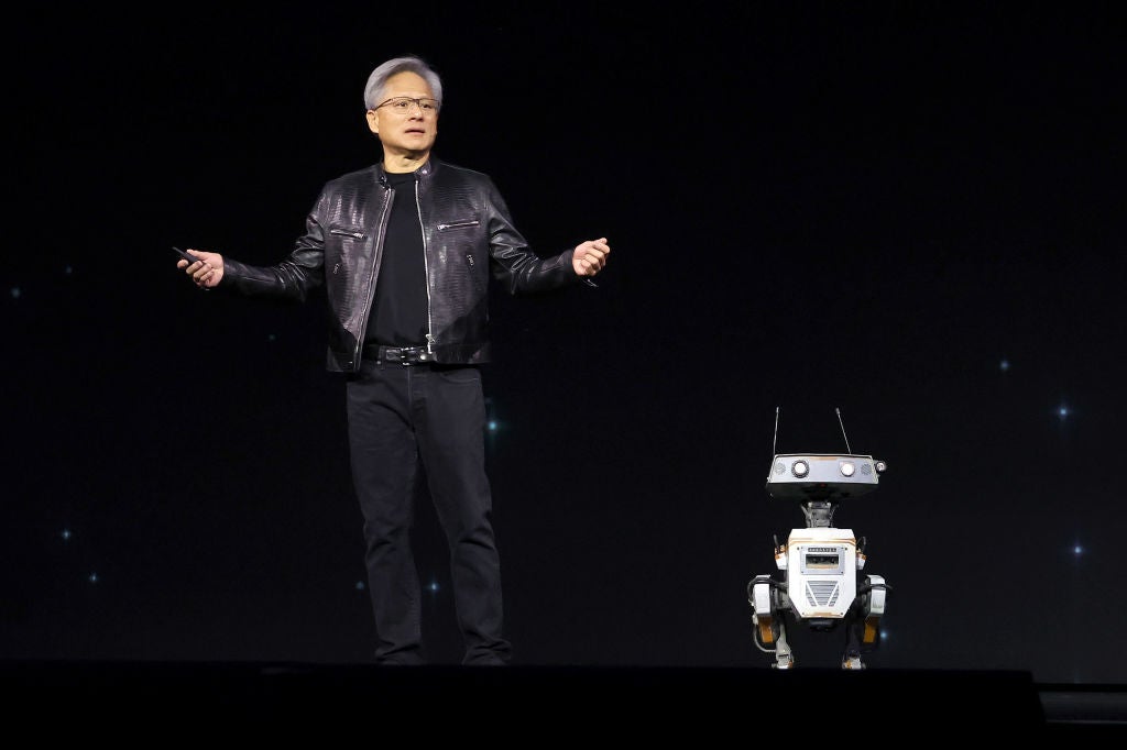 Nvidia CEO Jensen Huang delivers a keynote address during the Nvidia GTC Artificial Intelligence Conference at SAP Center on March 18, 2024 in San Jose, California. The developer conference is expected to highlight new chip, software, and AI processor technology.