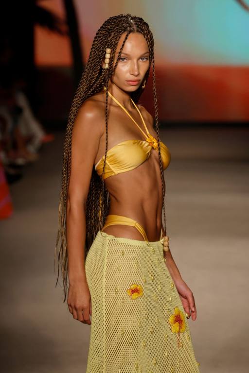 A model walks the runway for the Leslie Amon Fashion Show during Paraiso Miami Swim Week at The Paraiso Tent on June 02, 2024 in Miami Beach, Florida. (Photo by Frazer Harrison/Getty Images for Paraiso Miami Beach)