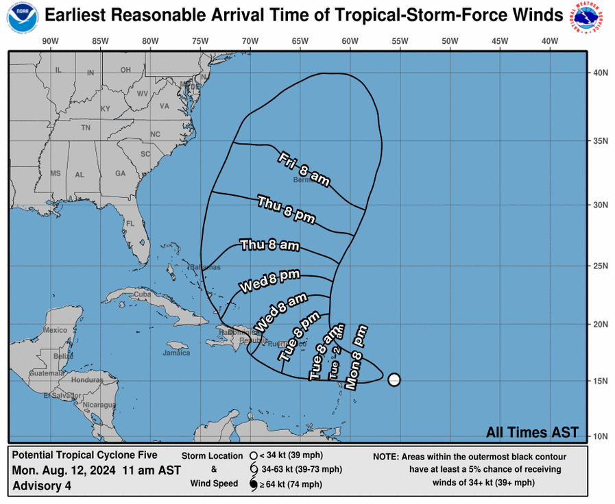 Se espera que el posible ciclón tropical 5 se convierta en una depresión tropical el lunes antes de convertirse en la tormenta tropical Ernesto. 