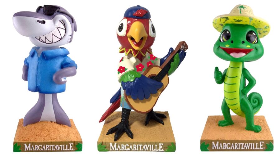 3 Margaritaville Bobbleheads, a shark, a parrot and a lizard for Jimmy Buffett Day Celebrations.