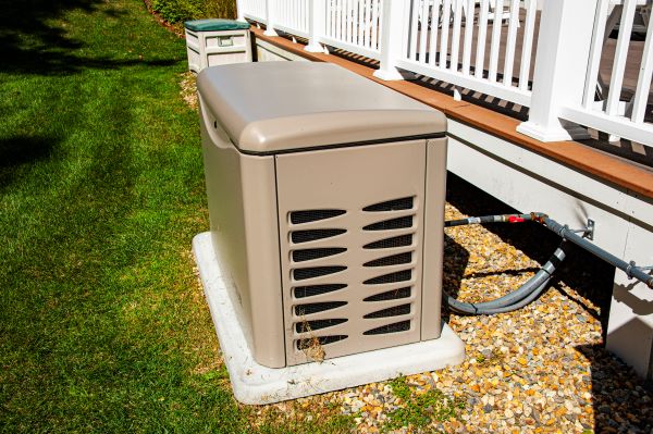 side view of a generator outside of a home with a white fence on a back porch