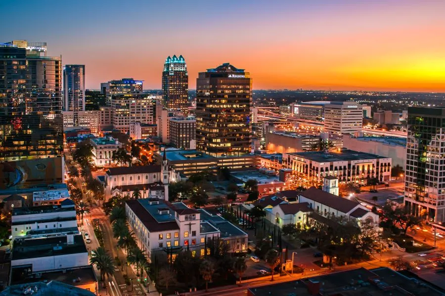 Aerial view of downtown Orlando at sunset