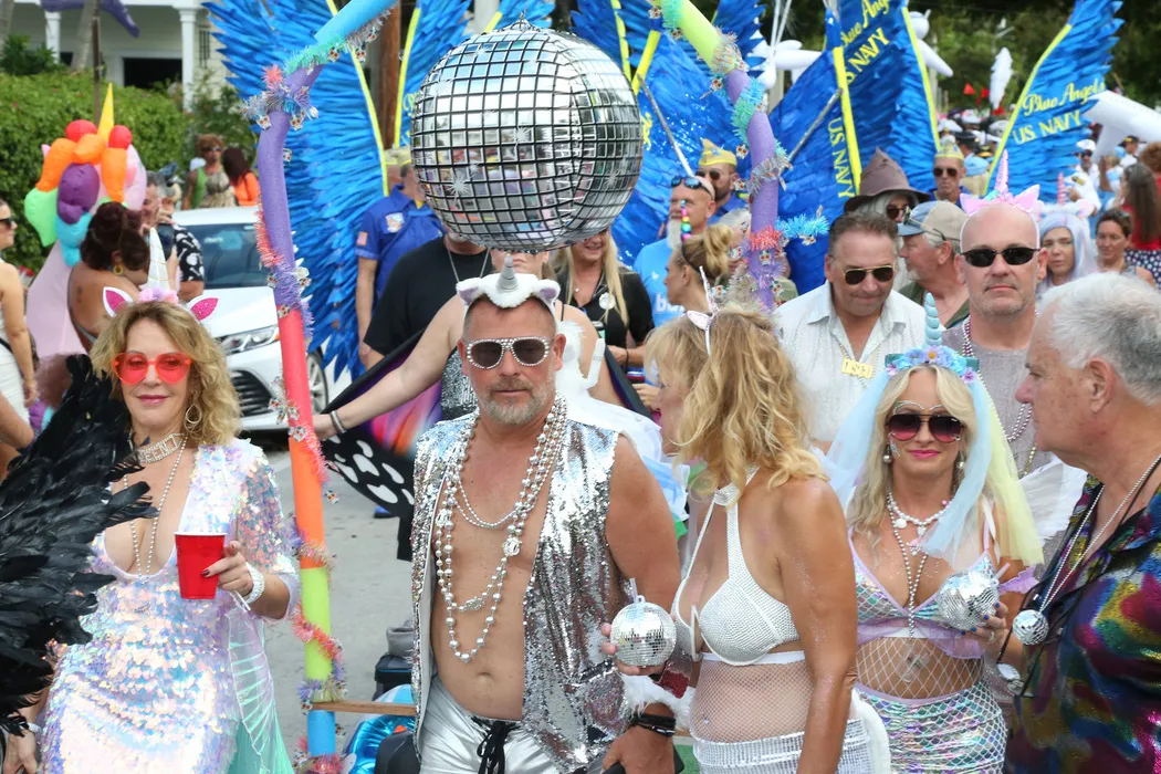 Revelers pump up the jam along Southard Street in Key West during the 2023 Captain Morgan Masquerade March. This year’s spectacle will take place on Fri., Oct 25. (Photo Carol Tedesco/FantasyFest.com)