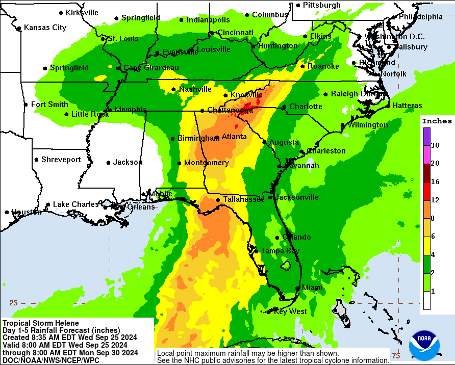 Hurricane Helene flooding and rainfall projectgions