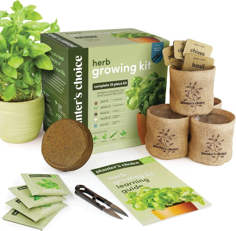 New hobby: herb gardening complete kit with starter seeds, burlap bags, and shears