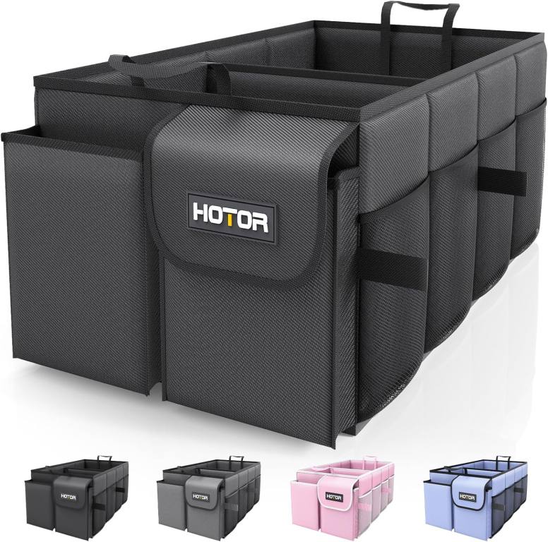 Clean up and organize your ride with this black trunk organizer with compartments and pockets