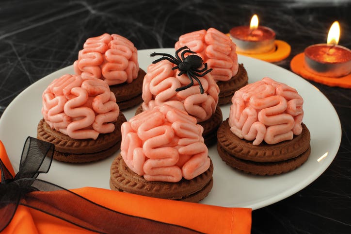 Halloween snacks, Funny cookie with brains of marzipan