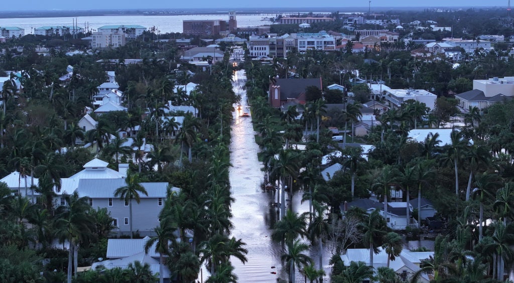 In this aerial view, Flood waters inundate a neighborhood after Hurricane Milton came ashore on October 10, 2024, in Punta Gorda, Florida. The storm made landfall as a Category 3 hurricane in the Siesta Key area of Florida, causing damage and flooding throughout Central Florida. Pictures Of Punta Gorda After Hurricane Milton