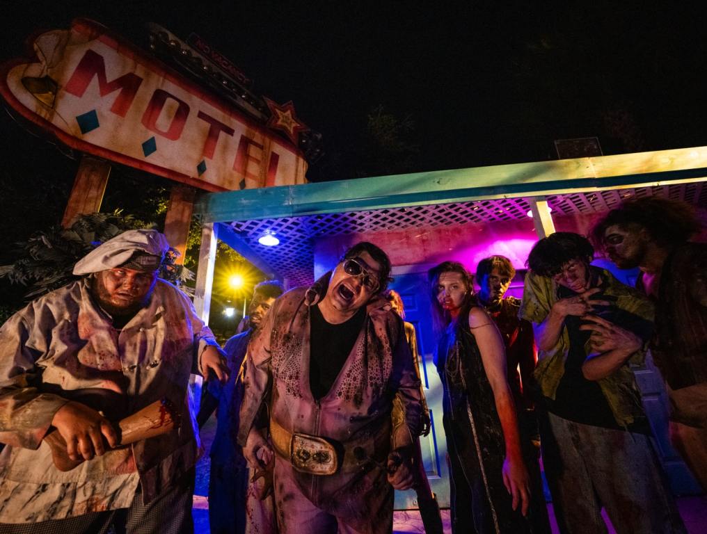 Sin City Zombies at Howl-O-Scream at Busch Gardens Tampa Bay, people dressed in spooky Halloween costumes at Halloween theme event in Tampa Bay