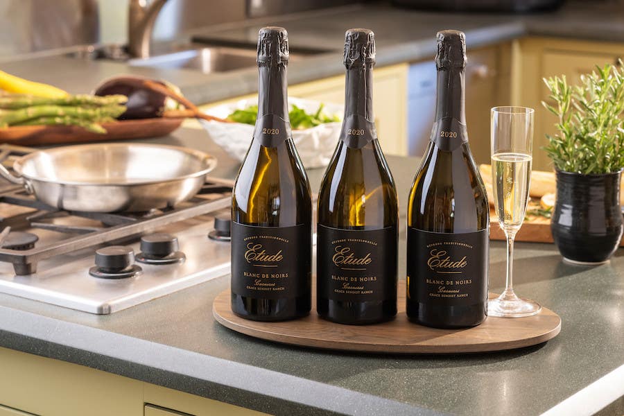 Three bottles of Etude sparkling wine for alternative wines for Thanksgiving