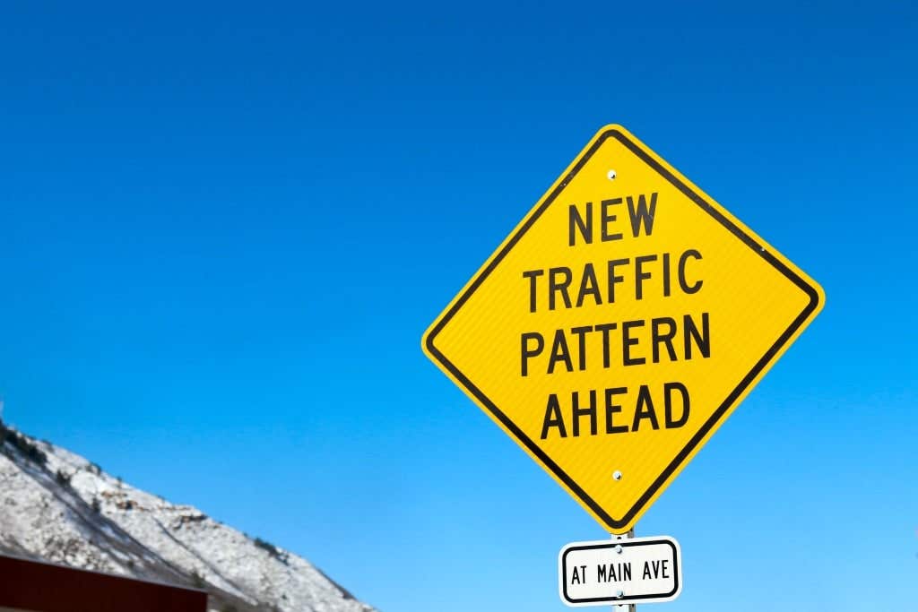 new traffic pattern ahead road sign