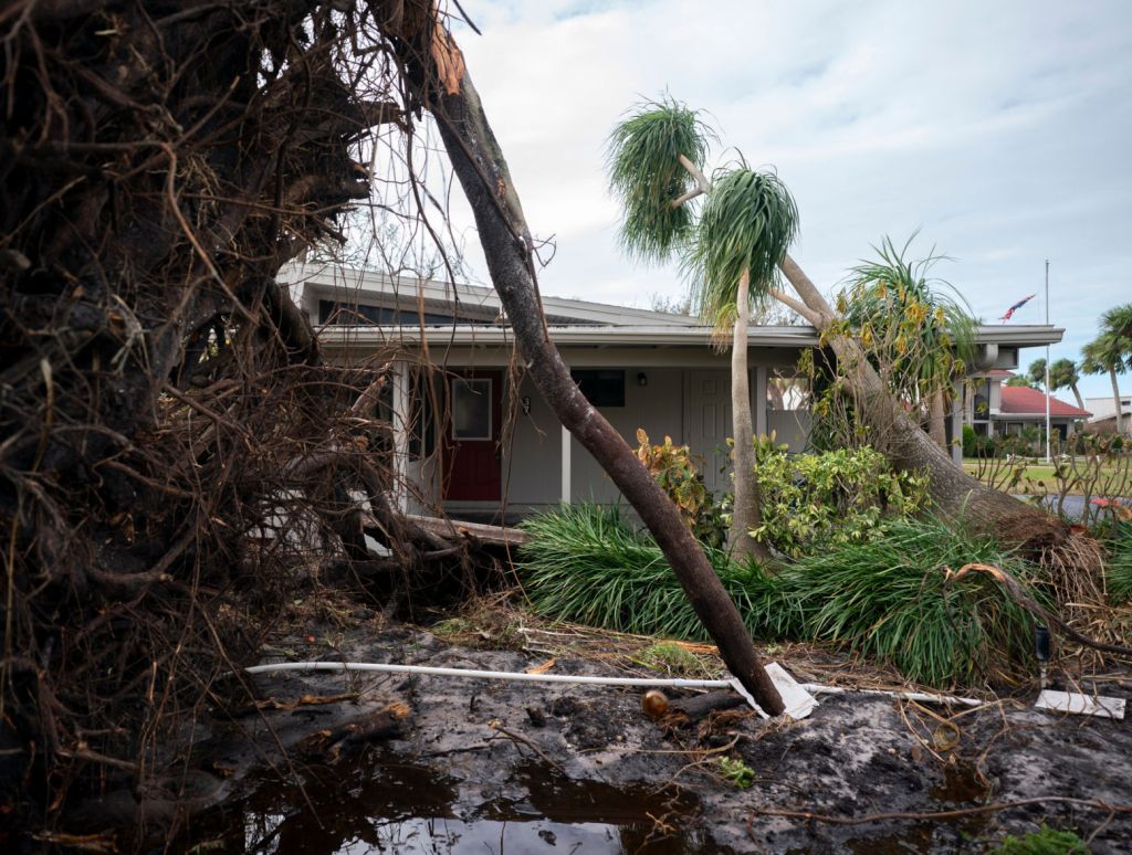 Storm damage at a home in the aftermath of Hurricane Milton on October 10, 2024 in Venice, Florida. Hurricane Milton made landfall as a Category 3 hurricane in the Siesta Key area.